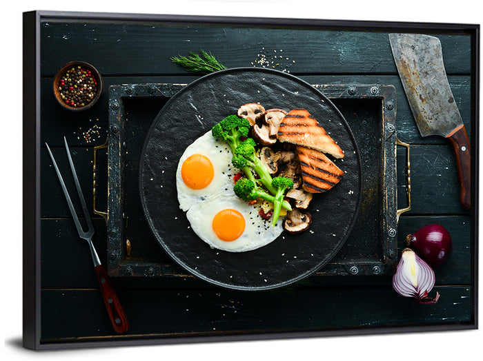Top Down Fried Eggs Breakfast Platter Wall Art as a framed canvas