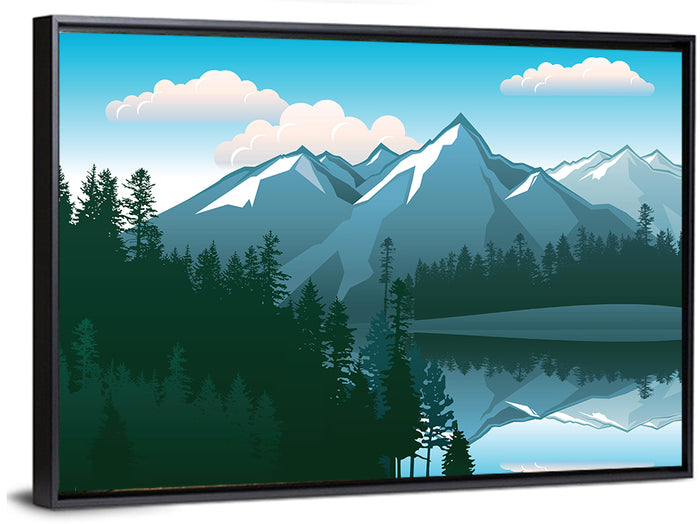 Tranquil Mountain Lake Illustration Wall Art as a framed canvas