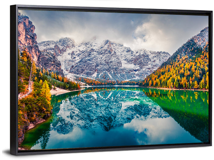 Lago Di Braies Reflection Wall Art as a framed canvas