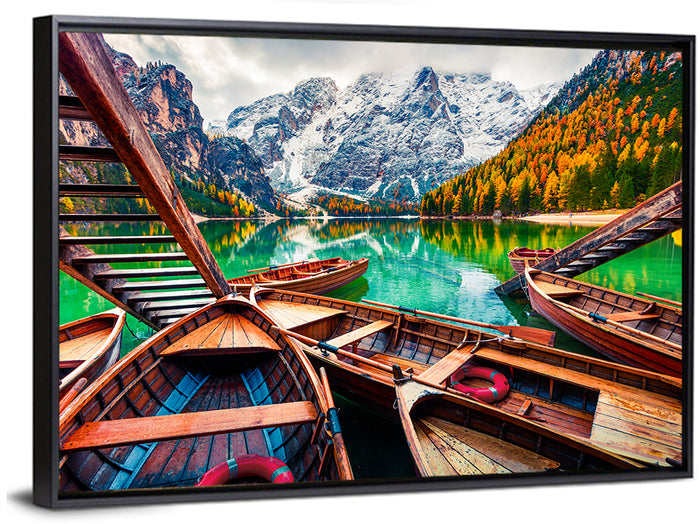 Braies Lake Wooden Stairs and Seekofel Mount Wall Art as a framed canvas