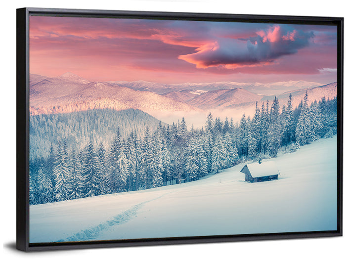 Cabin at Winter Sunrise Wall Art as a framed canvas
