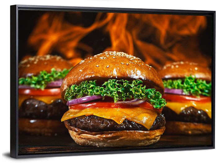 Three Flame Grilled Cheeseburgers Wall Art as a framed canvas