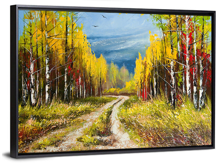 Autumn Birch Path with Two Birds Wall Art as a framed canvas