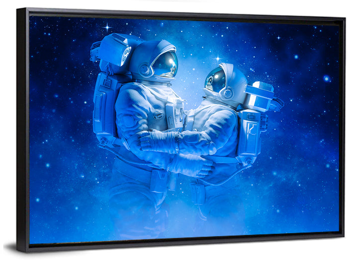 Astronaut Couple in Space Wall Art as a framed canvas