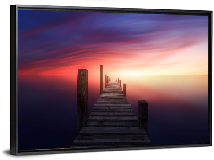 Wooden Pier at Sunset Wall Art as a framed canvas