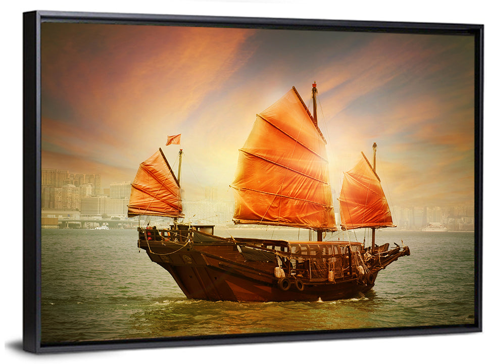 Red Sailed Junk at Victoria Harbour Wall Art