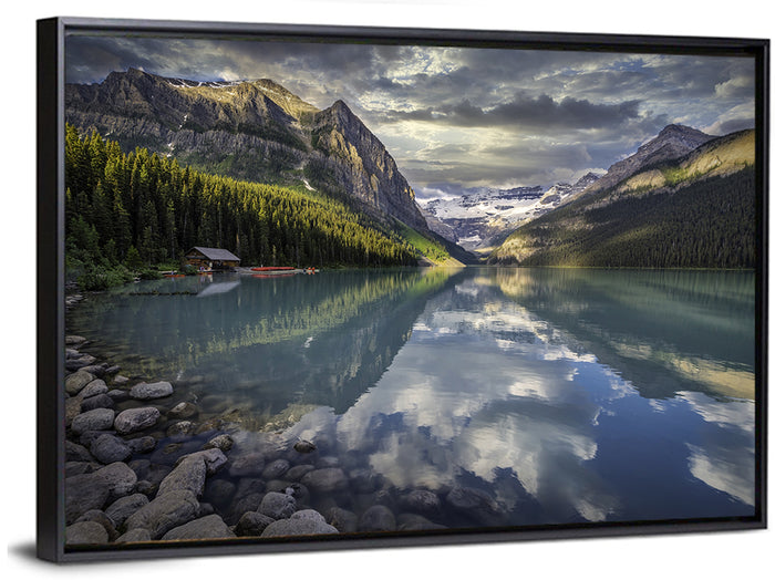 Cloudy Lake Louise Wall Art as a framed canvas