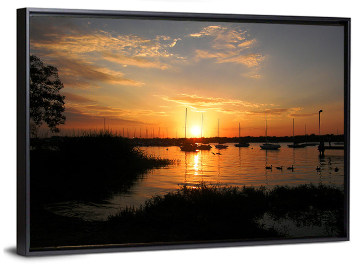 White Rock Lake Sunset Wall Art as a framed canvas