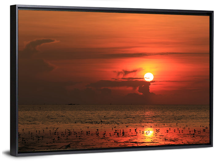 Red Sunrise with Birds Wall Art as a framed canvas