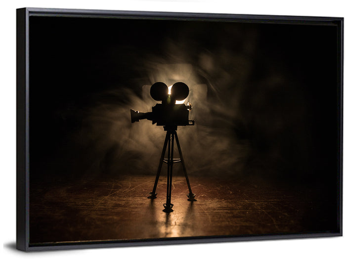 Backlit Vintage Movie Camera Wall Art as a framed canvas