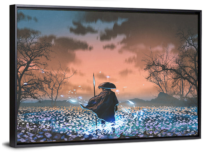 Straw Hat Samurai at Dusk Wall Art as a framed canvas