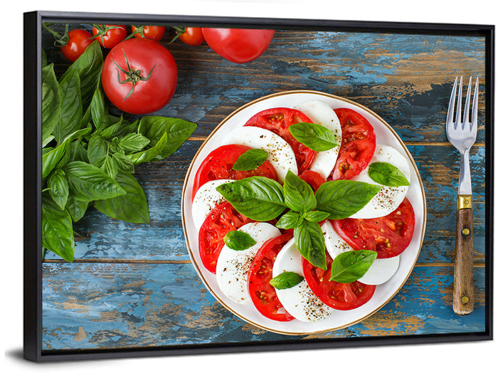 Rustic Caprese Salad with Basil Wall Art as a framed canvas
