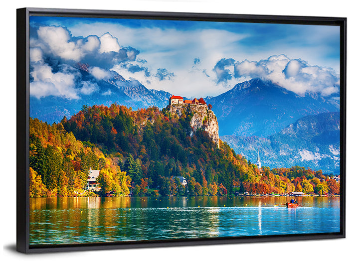 Bled Castle with Rowboat Wall Art as a framed canvas