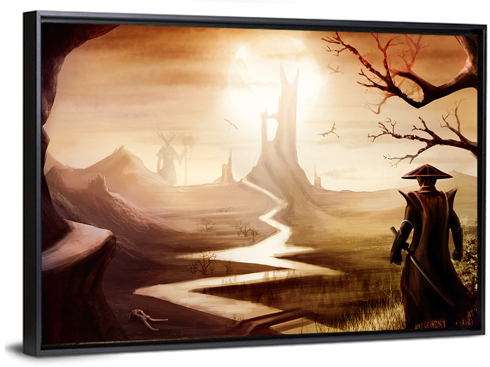 Silhouetted Samurai at Distant Tower Wall Art