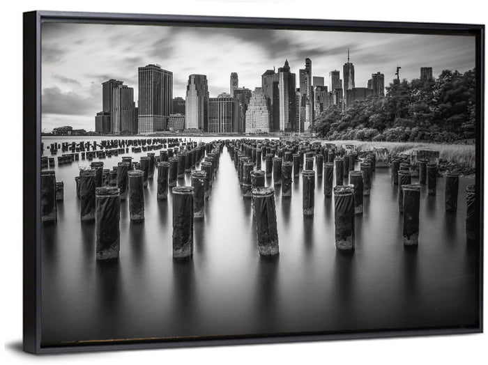 Lower Manhattan Pilings Wall Art as a framed canvas