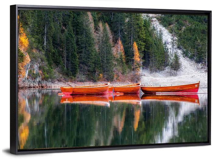Autumn Rowboats on Mountain Lake Wall Art as a framed canvas