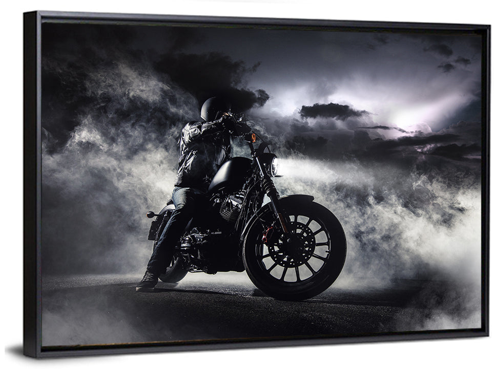 Motorcyclist in Fog at Night Wall Art