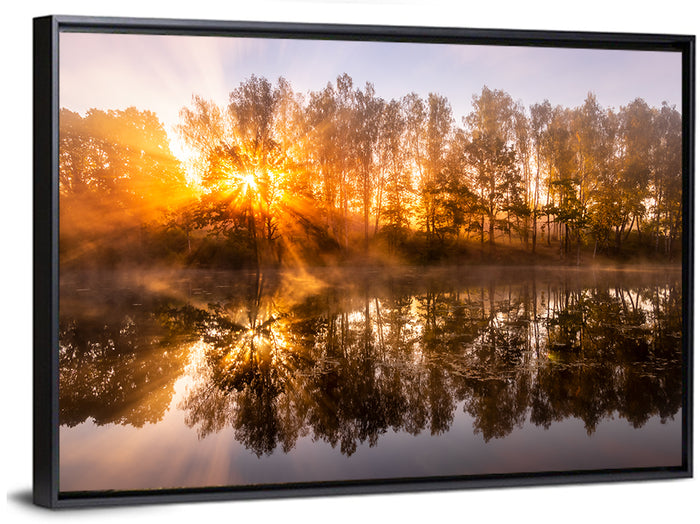 Misty Sunrise Over Pond Wall Art as a framed canvas