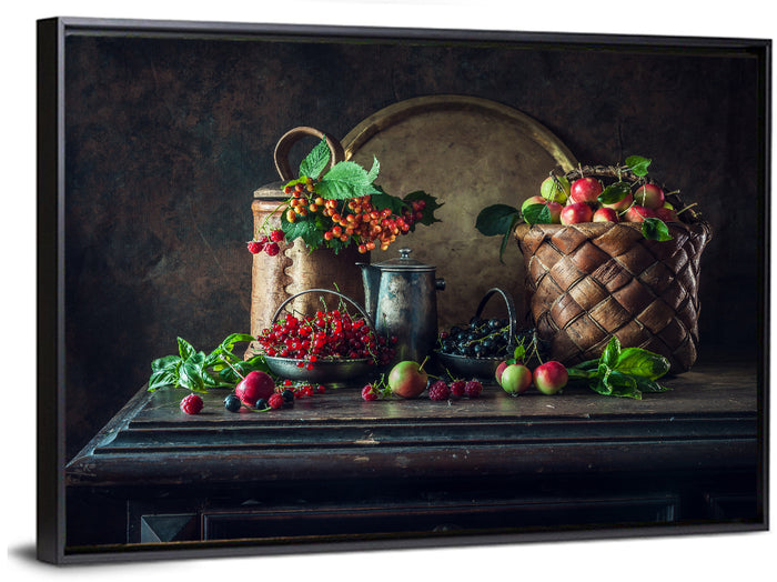 Vintage Currants Still Life Wall Art as a framed canvas