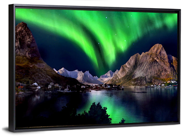 Northern Lights Over Snow Capped Mountains Wall Art as a framed canvas