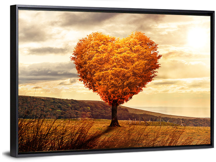Heart Shaped Tree at Sunset Wall Art as a framed canvas