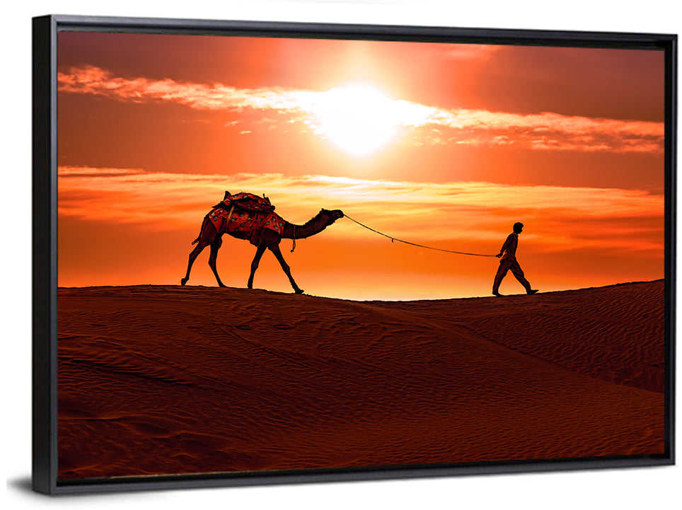 Man Leading Camel at Dusk Wall Art