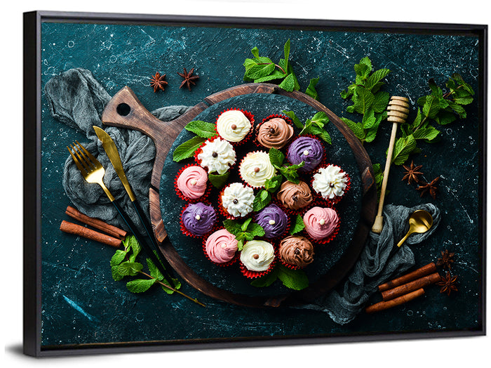 Cream Cupcakes Still Life Wall Art as a framed canvas