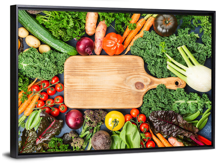 Vegetable Harvest on Cutting Board Wall Art as a framed canvas