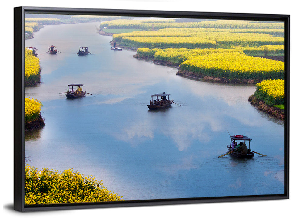 Spring River Rowboats in Rapeseed Fields Wall Art