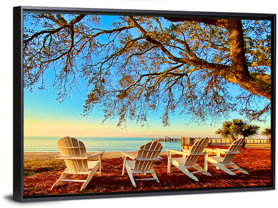 Mobile Bay Adirondack Chairs at Sunrise Wall Art