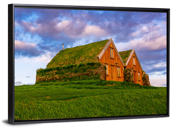 Icelandic Turf Houses at Dusk Wall Art as a framed canvas