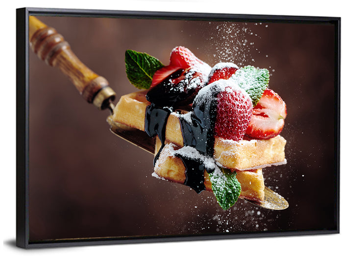 Chocolate Drizzle Waffles with Strawberries Wall Art as a framed canvas