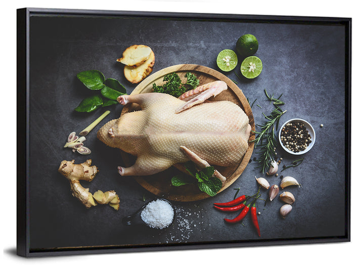 Raw Duck with Herbs and Limes Wall Art as a framed canvas