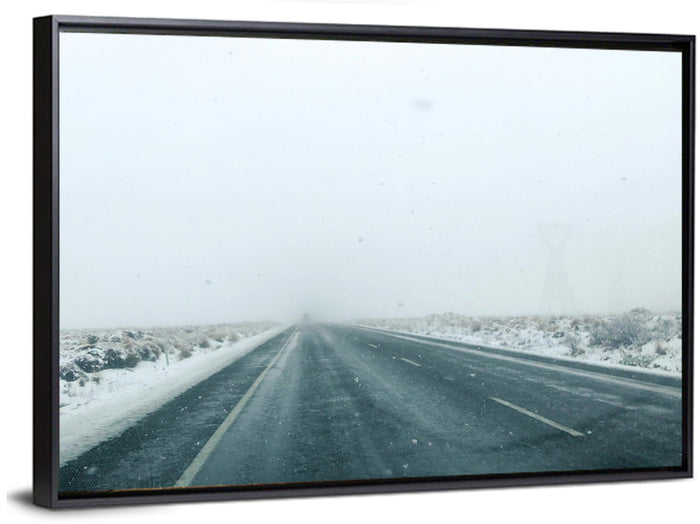 Foggy Winter Mountain Road Wall Art as a framed canvas