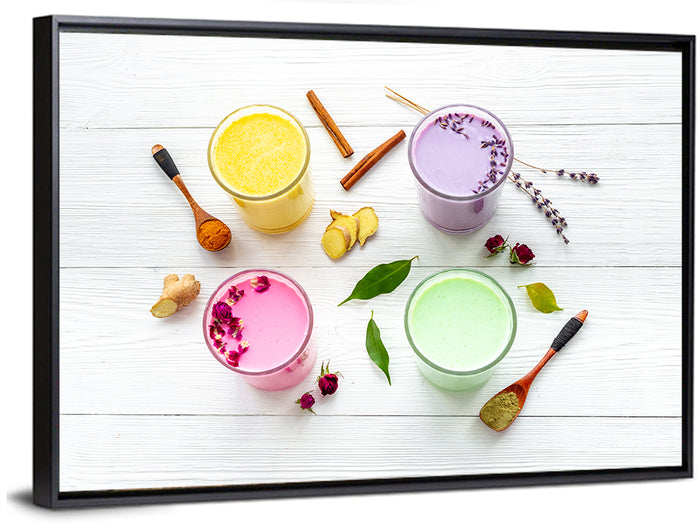 Four Lattes with Botanicals Wall Art as a framed canvas