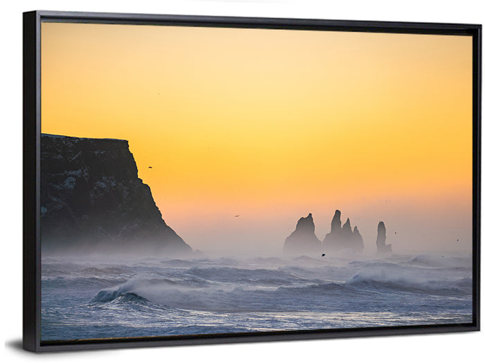 Dyrholaey Cliff with Reynisdrangar Sea Stacks Wall Art as a framed canvas