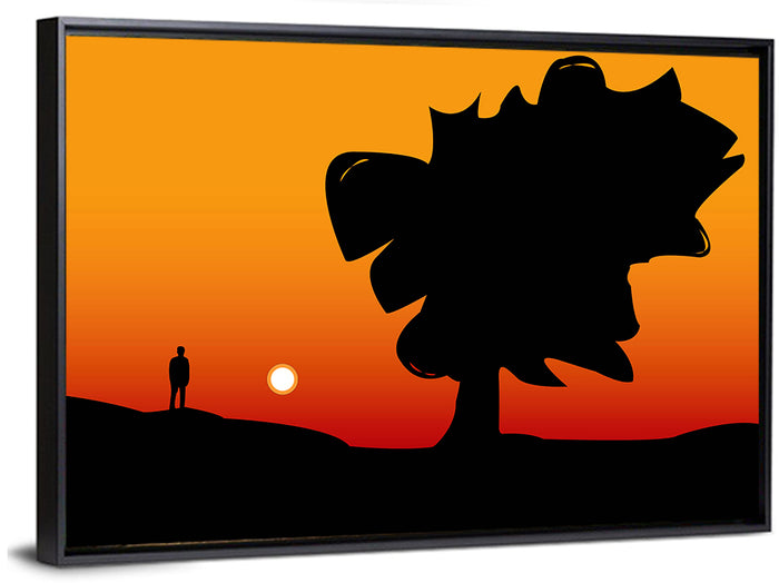 Solitary Sunset Silhouette Wall Art as a framed canvas
