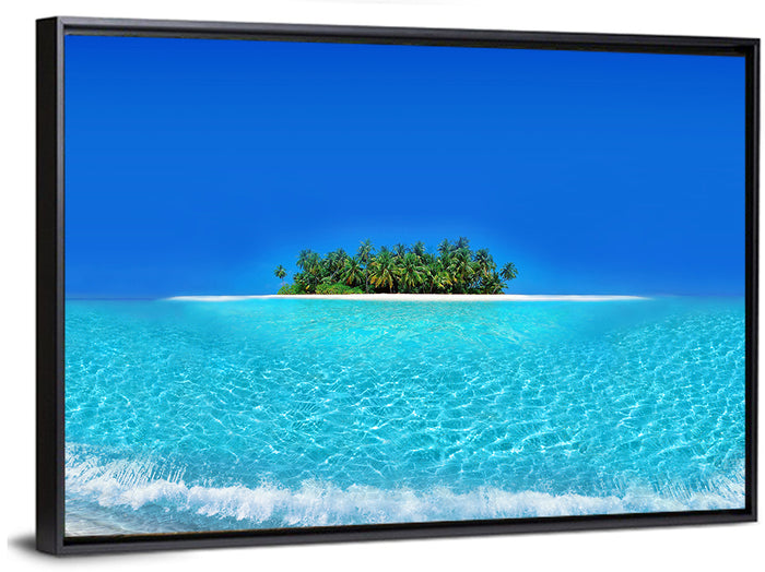 Turquoise Atoll Sandbar with Palm Trees Wall Art as a framed canvas