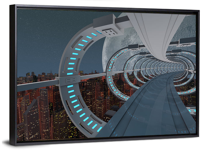 Futuristic City Tunnel with Moon Wall Art as a framed canvas