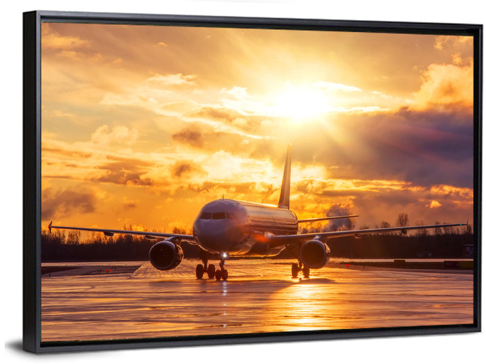 Golden Hour Airliner on Wet Runway Wall Art as a framed canvas