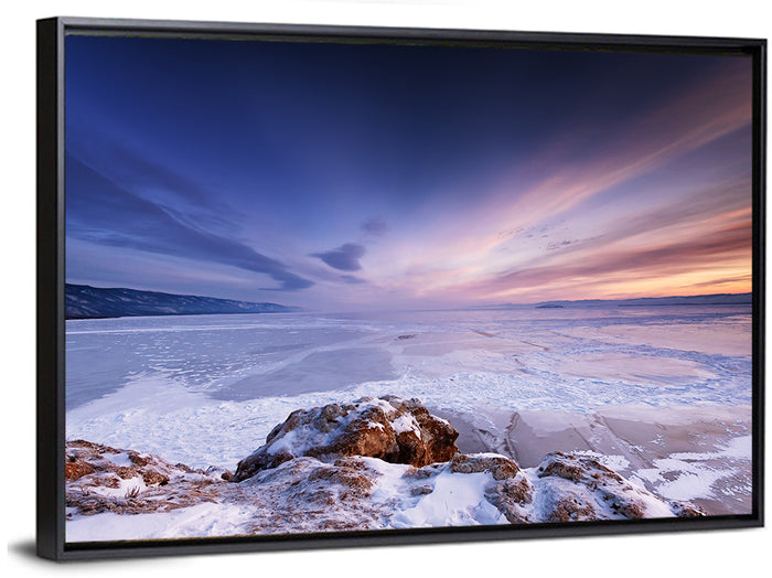 Frozen Lake Ice and Sunset Sky Wall Art as a framed canvas