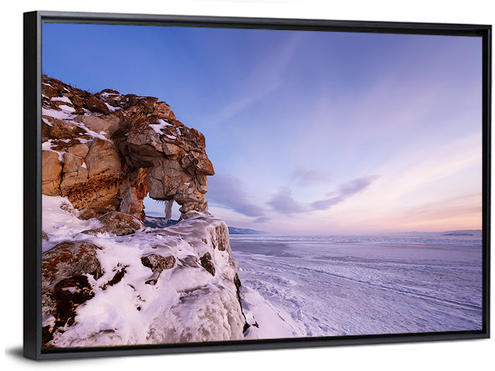 Lake Baikal Rock Arch at Winter Twilight Wall Art as a framed canvas
