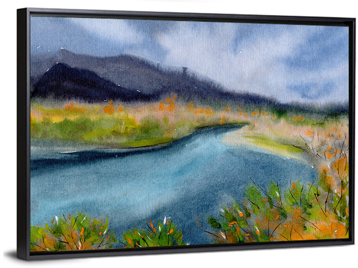 Misty Autumn River and Mountain Landscape Wall Art as a framed canvas