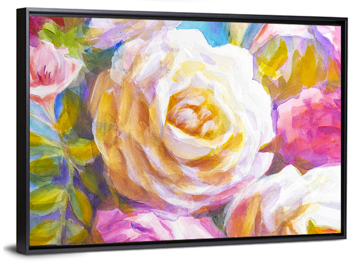 White and Gold Rose Bouquet Wall Art as a framed canvas