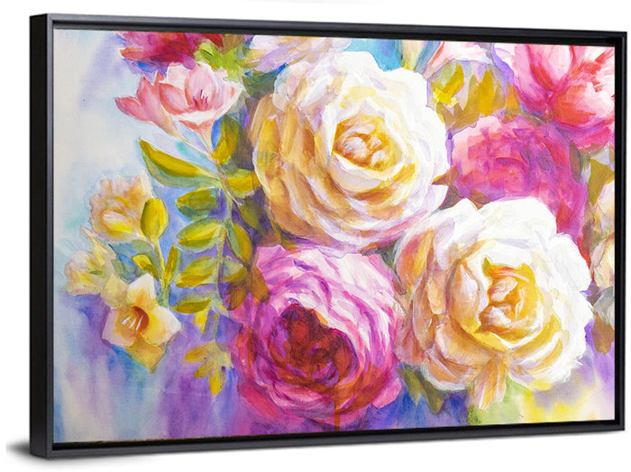 Layered Watercolor Rose Bouquet Wall Art as a framed canvas