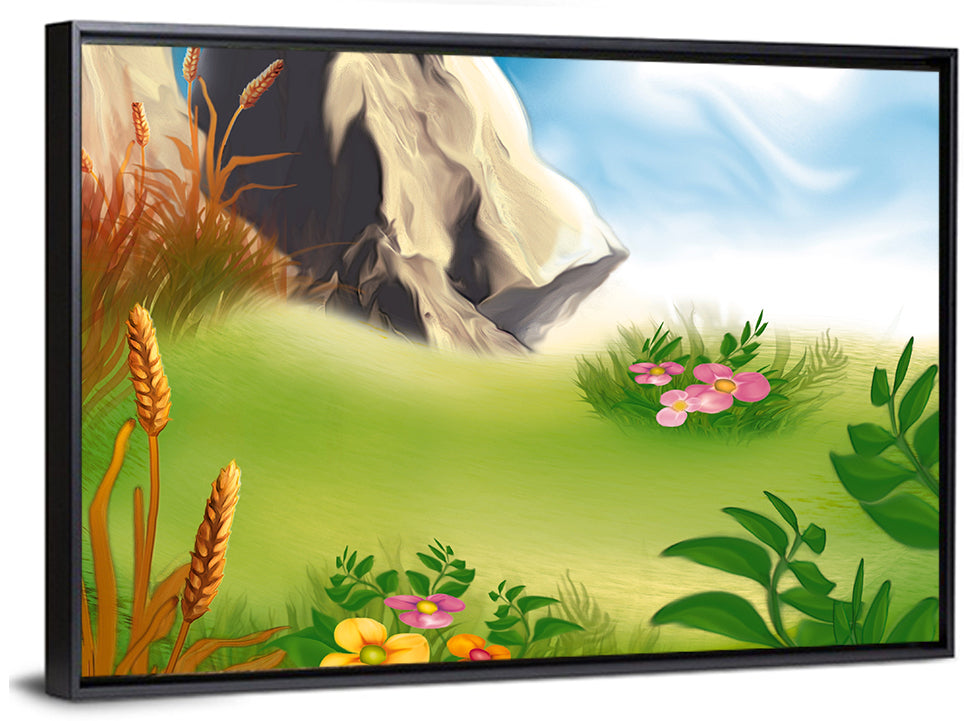 Sunny Mountain Meadow Illustration Wall Art