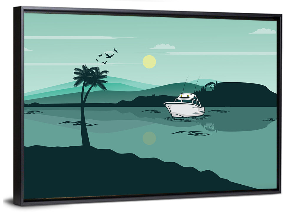 Teal Lake Boat with Palm Tree Wall Art