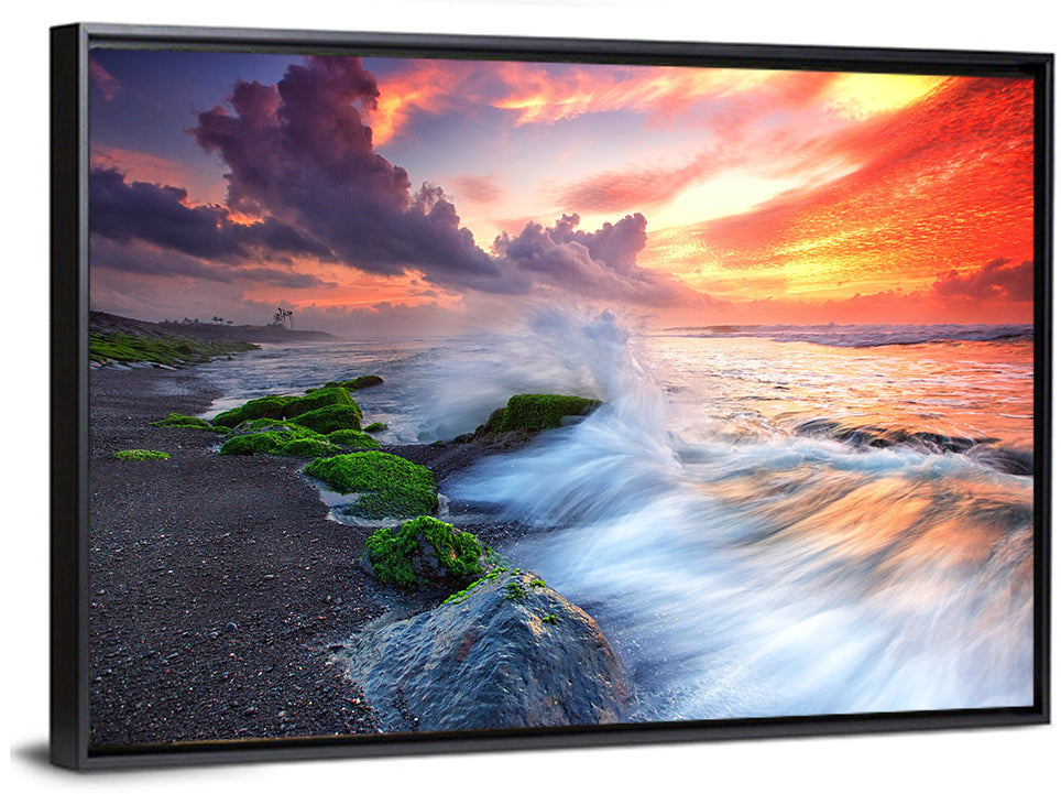 Ocean Waves Under Burning Sky Wall Art