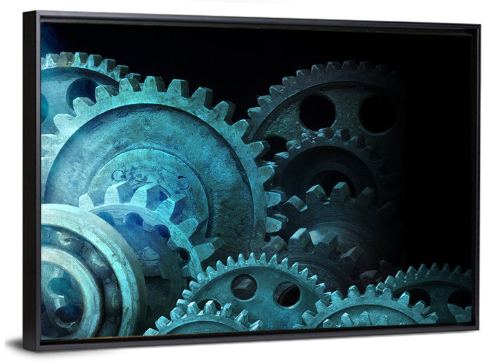 Teal and Steel Cogwheel Close-up Wall Art as a framed canvas