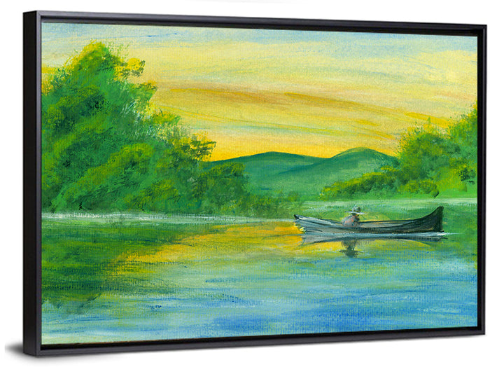 Rowboat on Serene Lake Watercolor Wall Art as a framed canvas